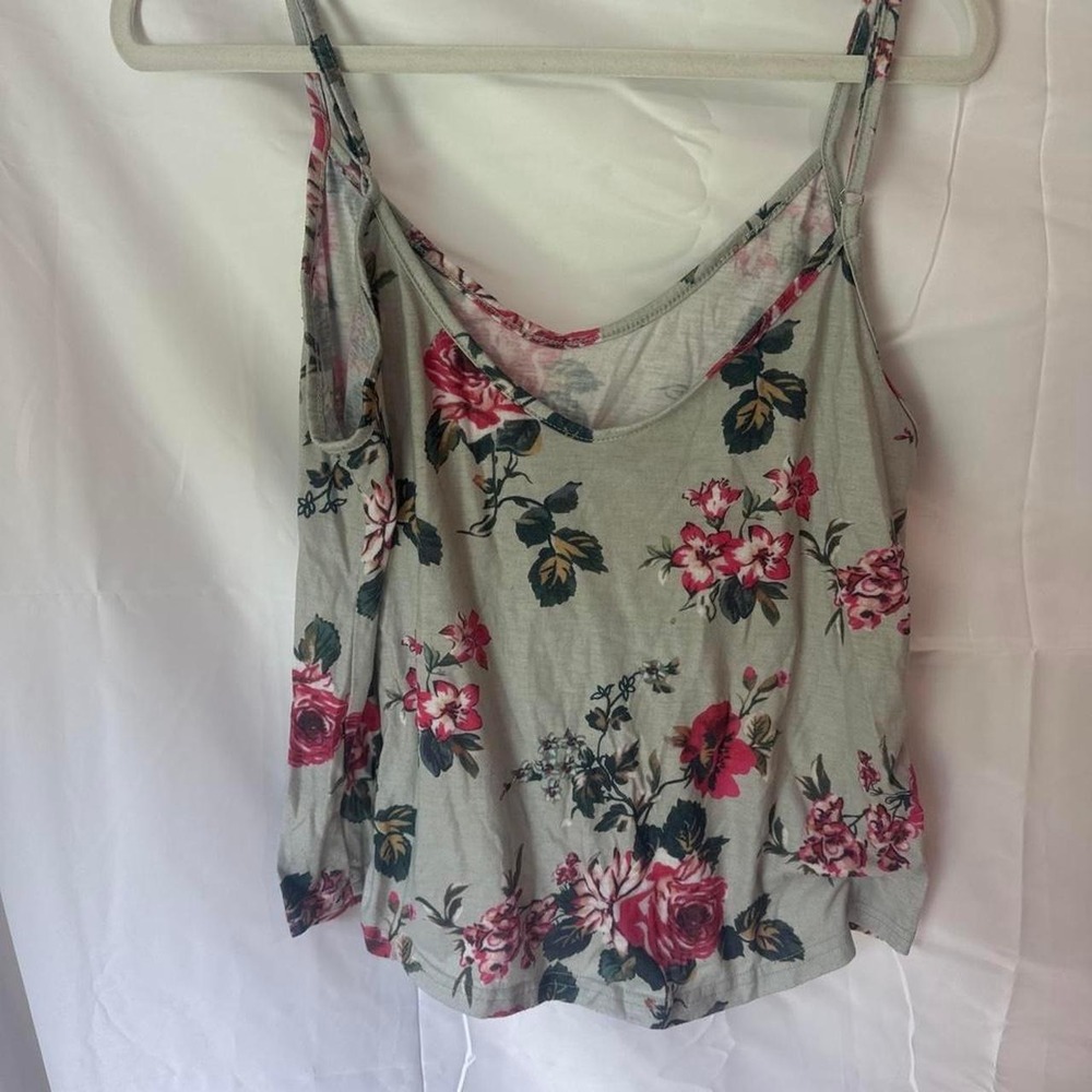 Womens Floral Print Camisole Top Heather Grey Pink Roses V-Neck Cami Adjustable